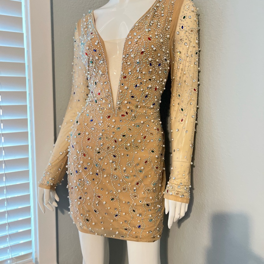 Elegant Beaded Tan Dress